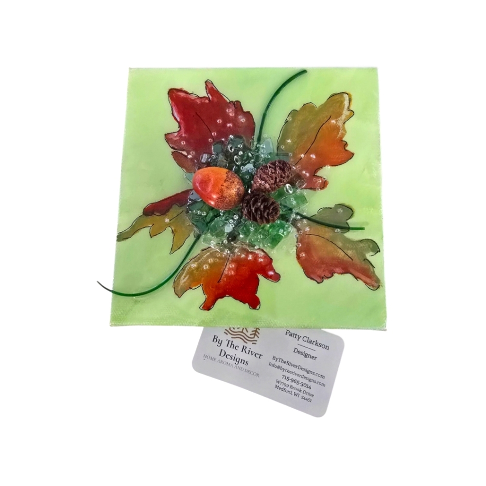 NWT Canvas Autumn Leaf Glass Bead Resin Art Signed Patty Clarkson